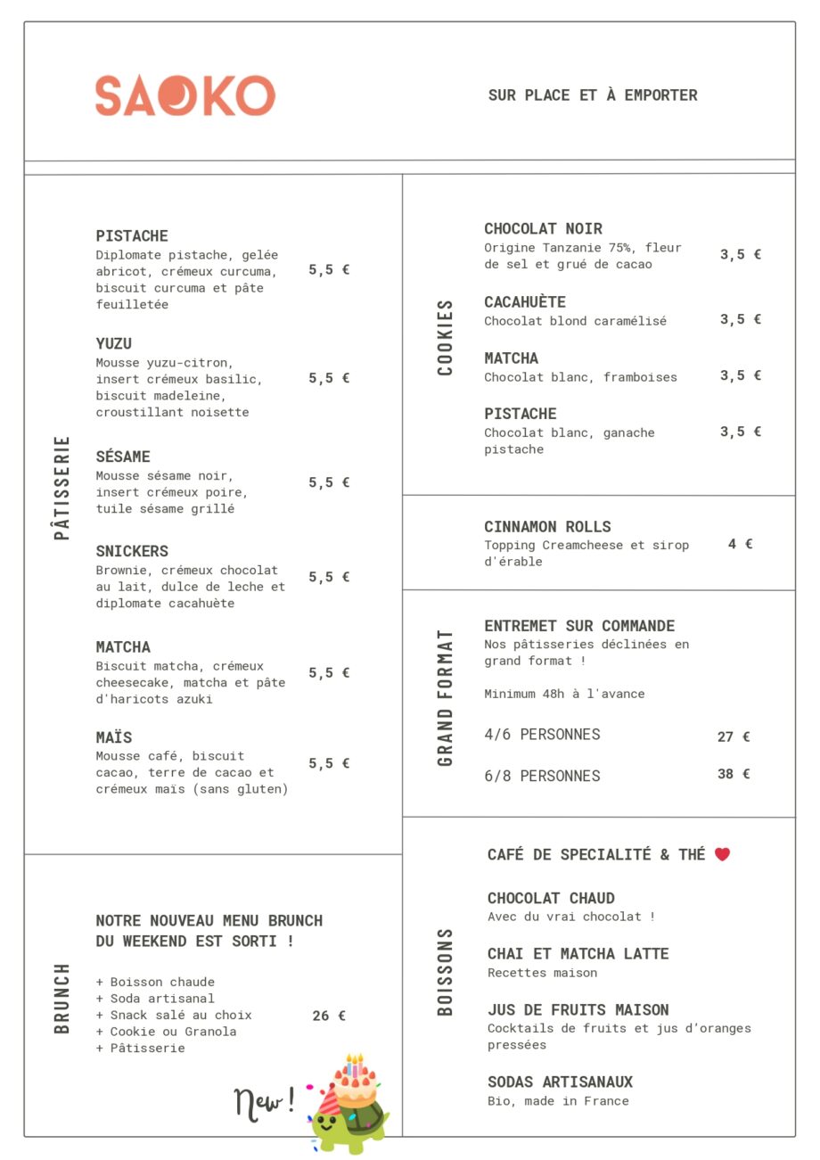 Menu – Saoko Pâtisserie